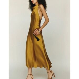 Reformation Kayla Silk Dress Honey Mustard Halter Backless Gown 12 NWT